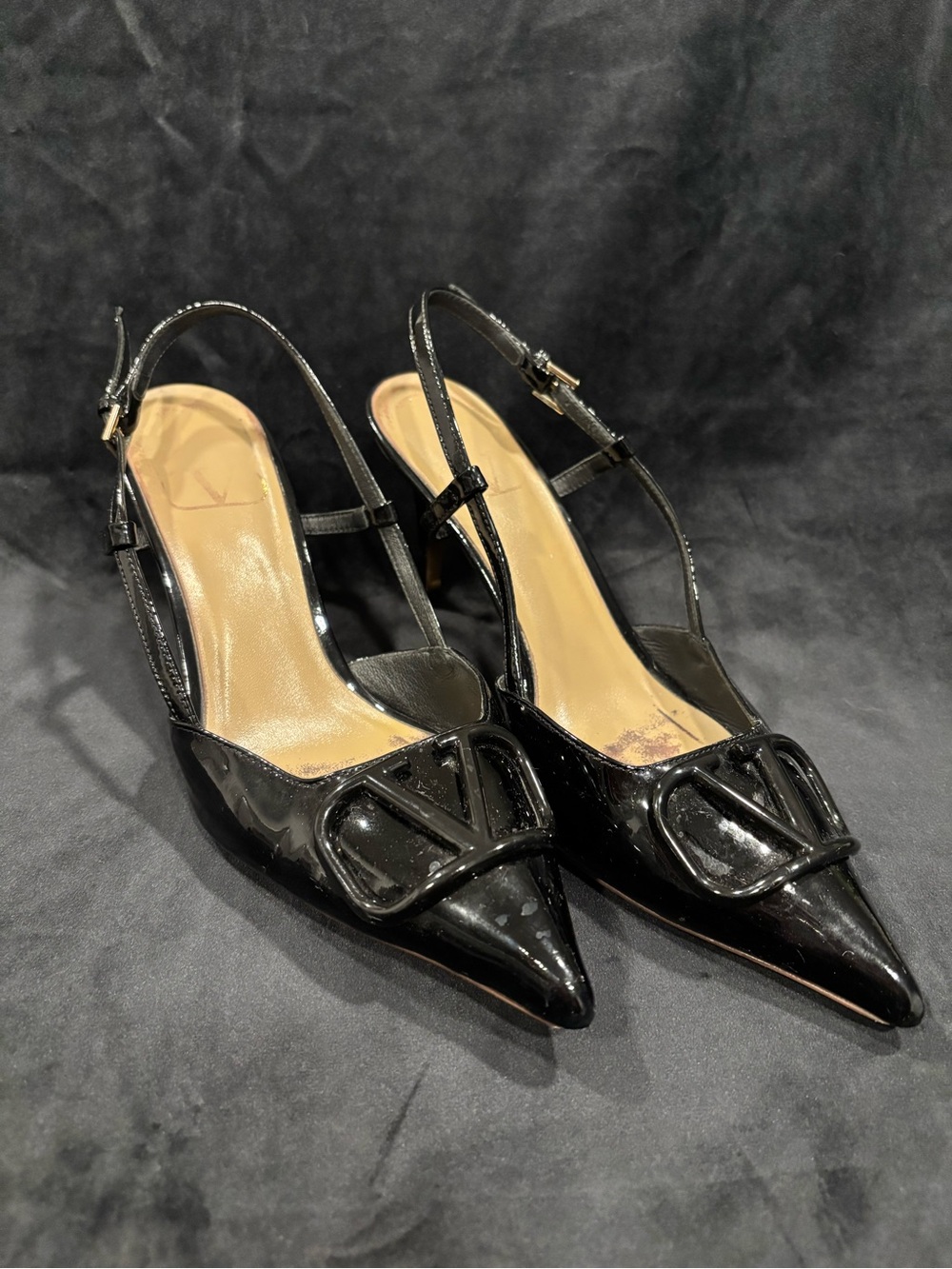 Valentino Black Patent Pointed Slingback Heels with V Logo
